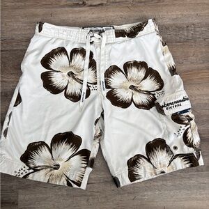 Abercrombie & Fitch Men's Floral Swim Shorts - Brown and White Vintage Y2K